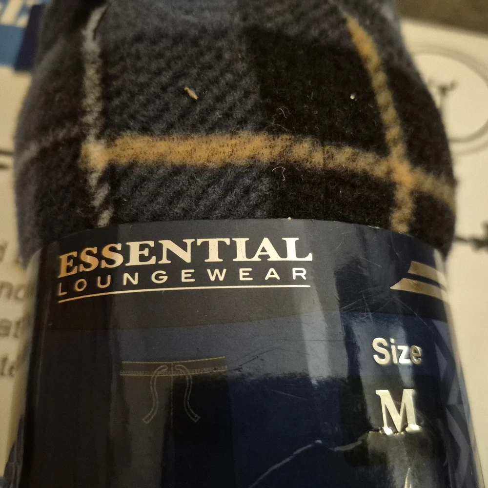 Men's Micro Fleece Pants Essential Loungewear Medium  Blue Plaid Drawstring New - Picture 3 of 9